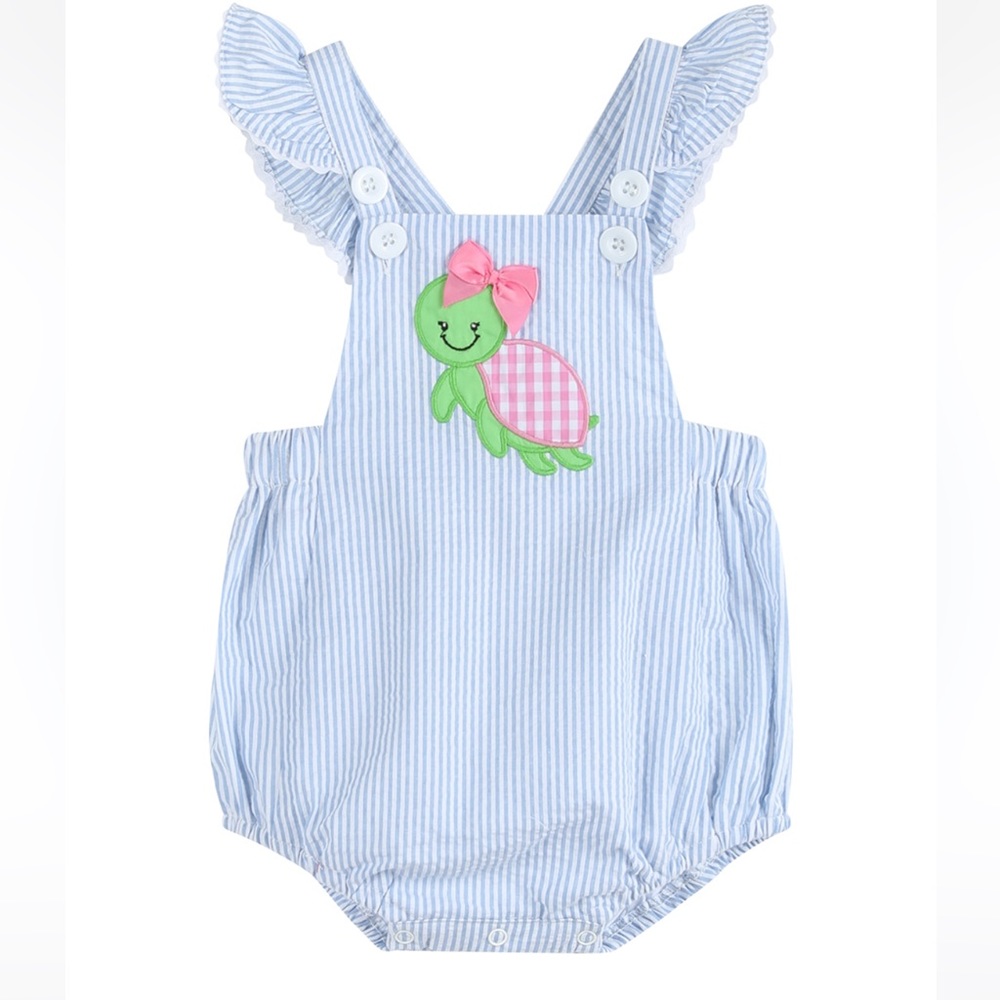 NWT! Lil Cactus Light Blue Seersucker Turtle Ruffle Romper